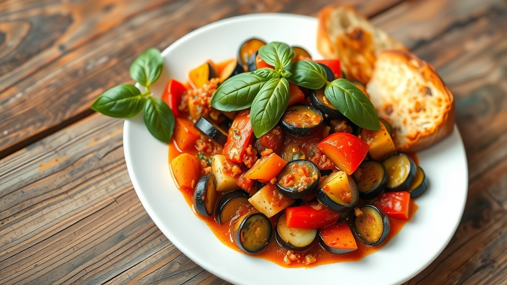 Classic Ratatouille Recipe A vibrant plate of ratatouille with colorful vegetables in tomato sauce, garnished with basil on a rustic table.